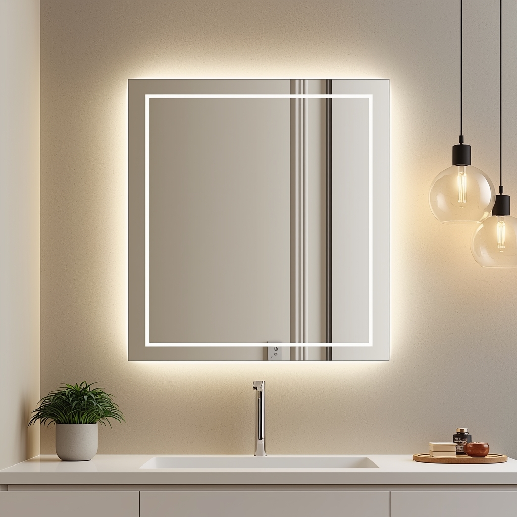 lucid-origin_A_modern_bathroom_vanity_scene_featuring_a_square_wall-mounted_mirror_with_integ-0